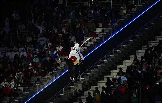 north korean women marching. stadium — with North Korea