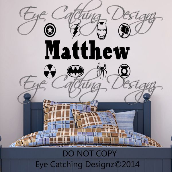 Super Hero Personalized Name Vinyl Wall Decal Home Decor Batman Hulk