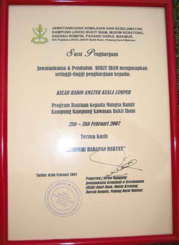 certificate of appreciation by penghulu bukit ibam