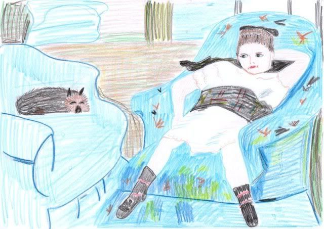 a little girl in a blue armchair